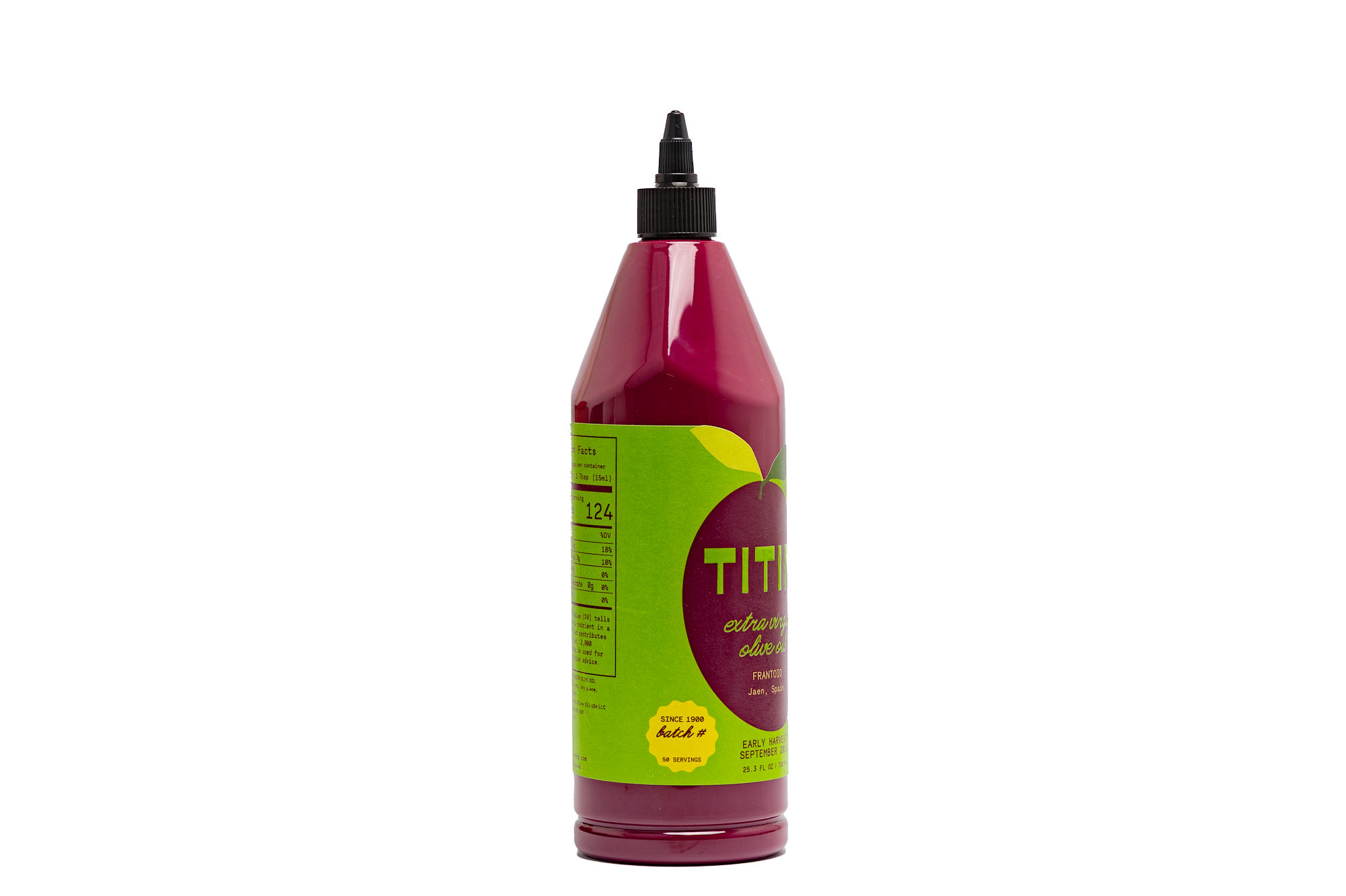 Frantoio extra virgin olive oil bottle, photographed from the side to highlight its unique silhouette and refined packaging.