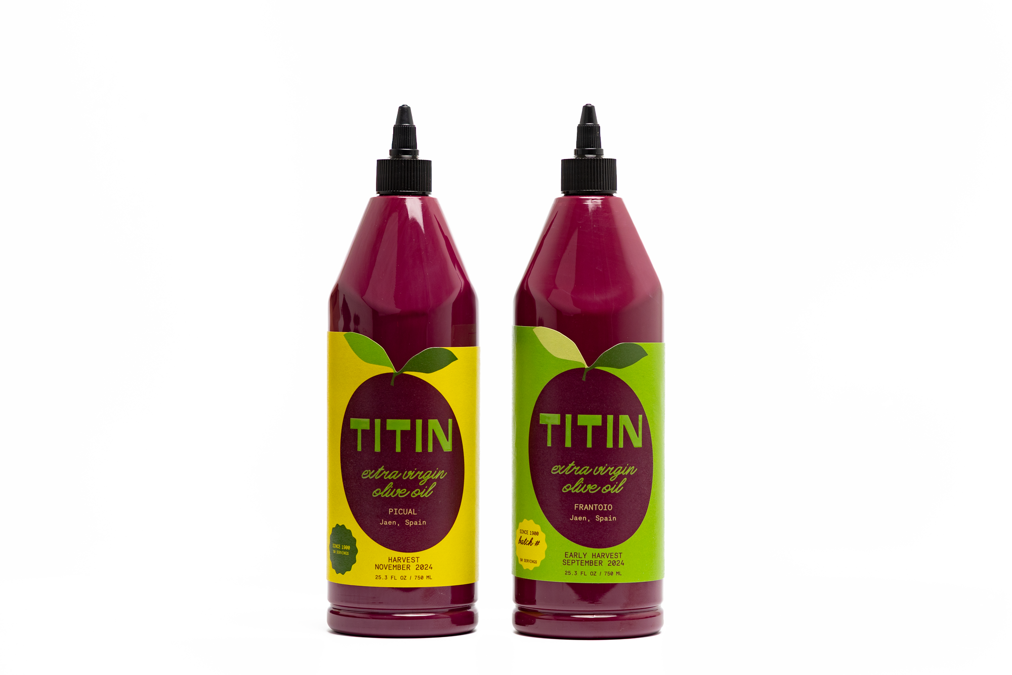 Two distinct extra virgin olive oil bottles: Universal Picual Everyday EVOO for versatile cooking and Finishing Frantoio EVOO for gourmet drizzling.