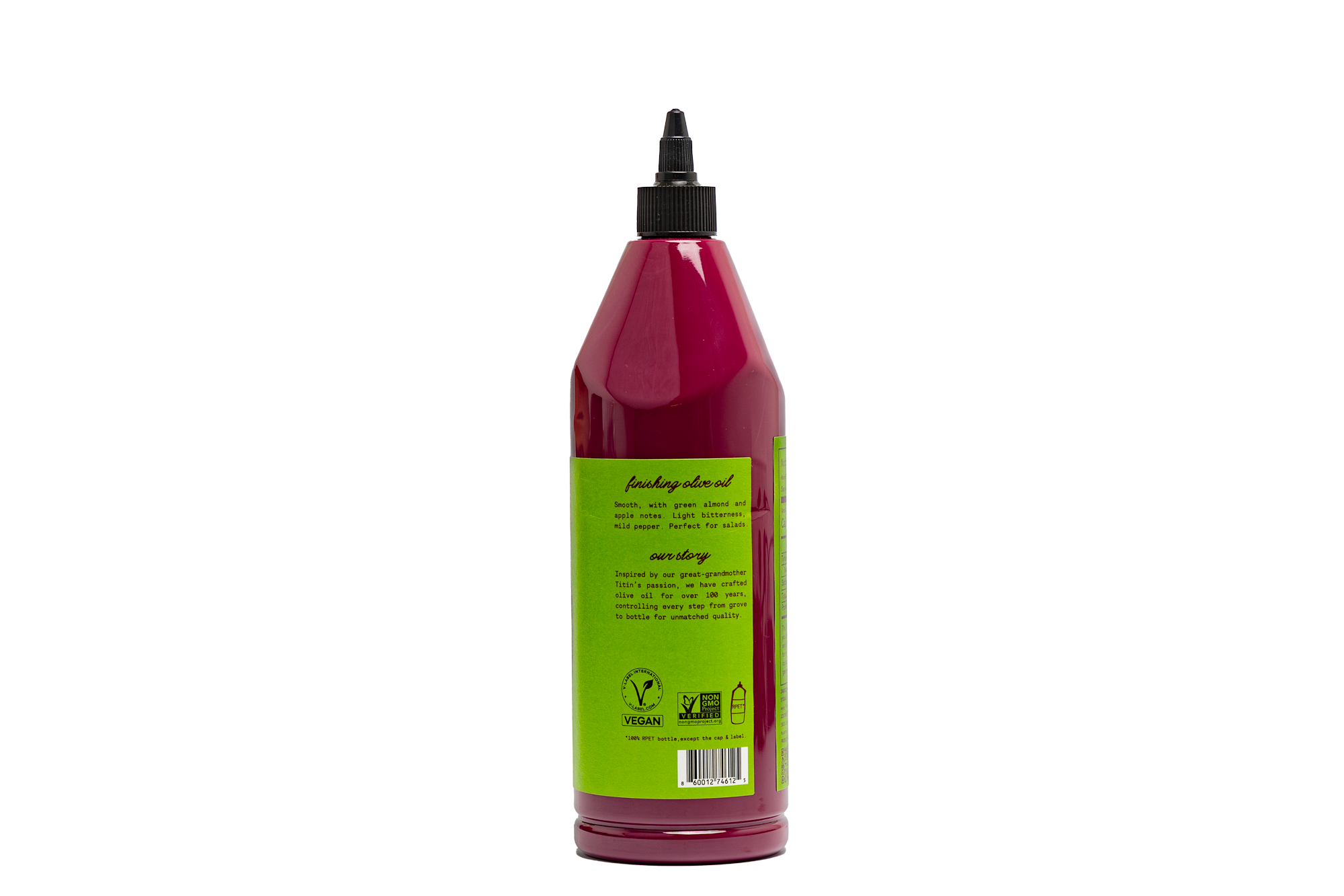 Back label of our premium Arbosana or Frantoio extra virgin olive oil bottle, featuring our brand story and quality badges like 'Vegan Certified' and 'Product of Spain'.