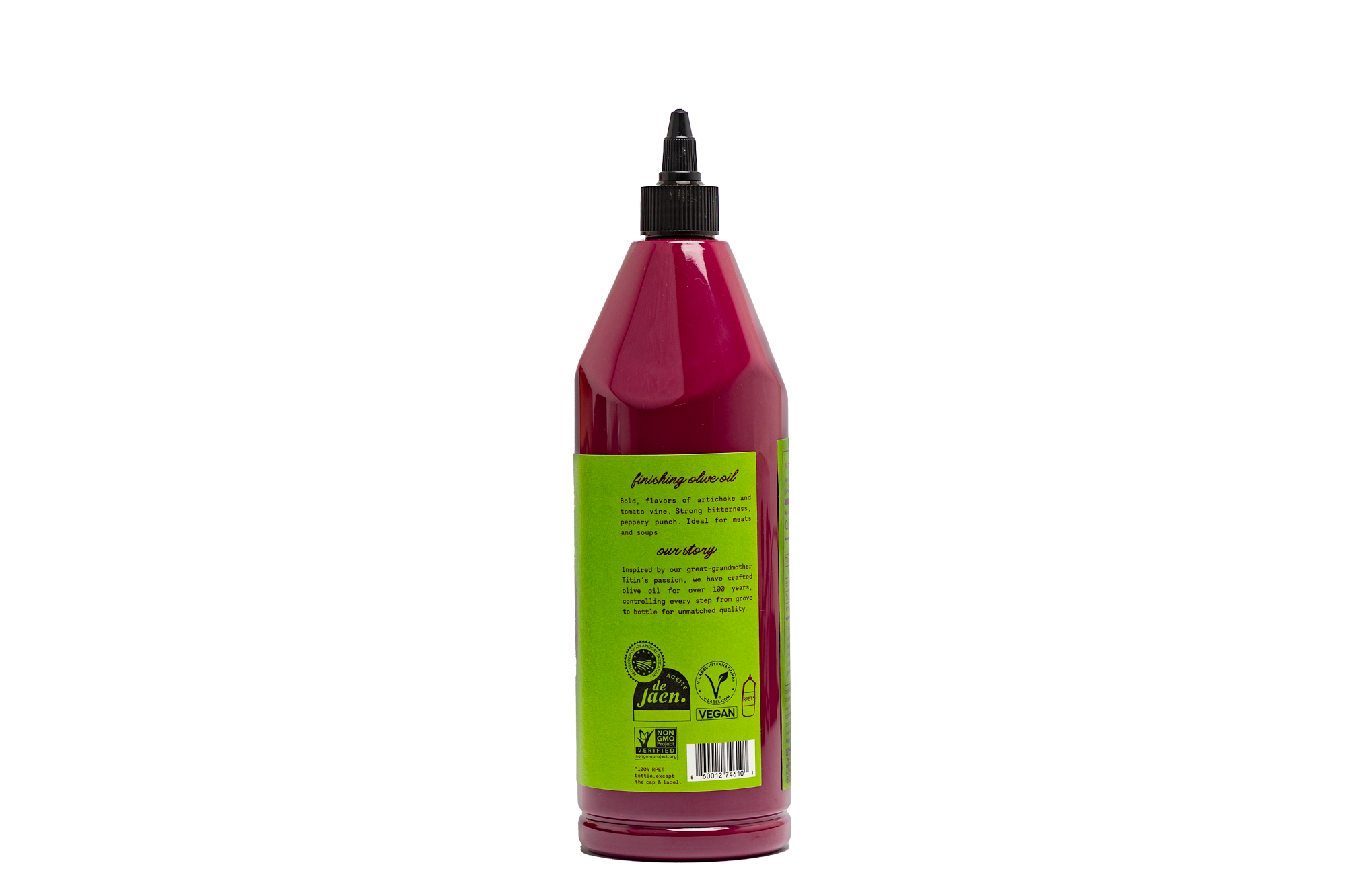 Back label of our premium Arbosana or Frantoio extra virgin olive oil bottle, featuring our brand story and quality badges like 'Vegan Certified' and 'Product of Spain'