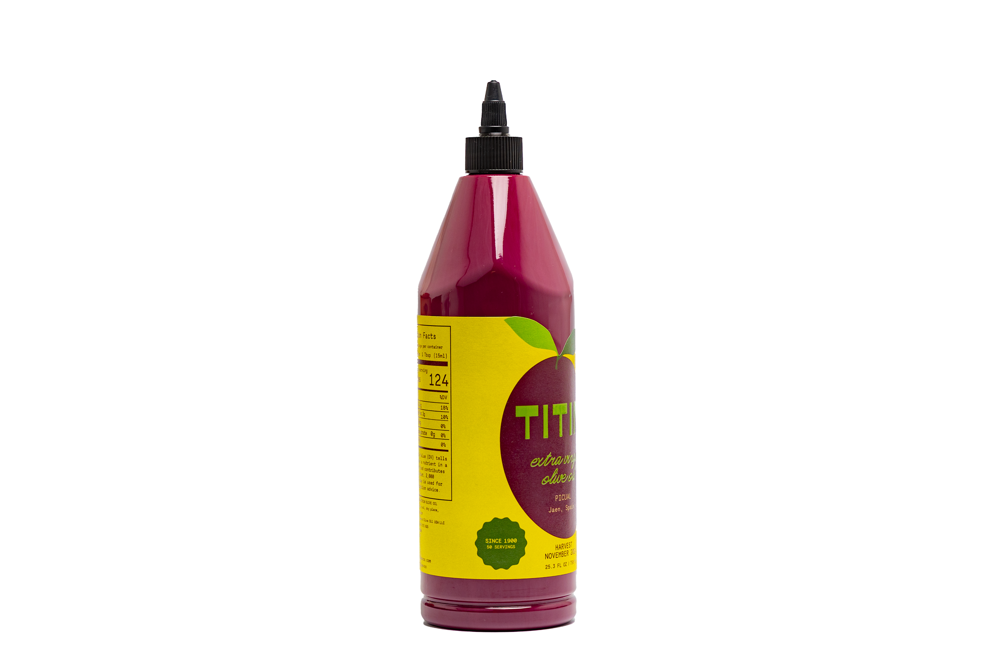 Side view of the Universal Picual Everyday extra virgin olive oil bottle, highlighting its ergonomic shape and the clarity of the golden oil.