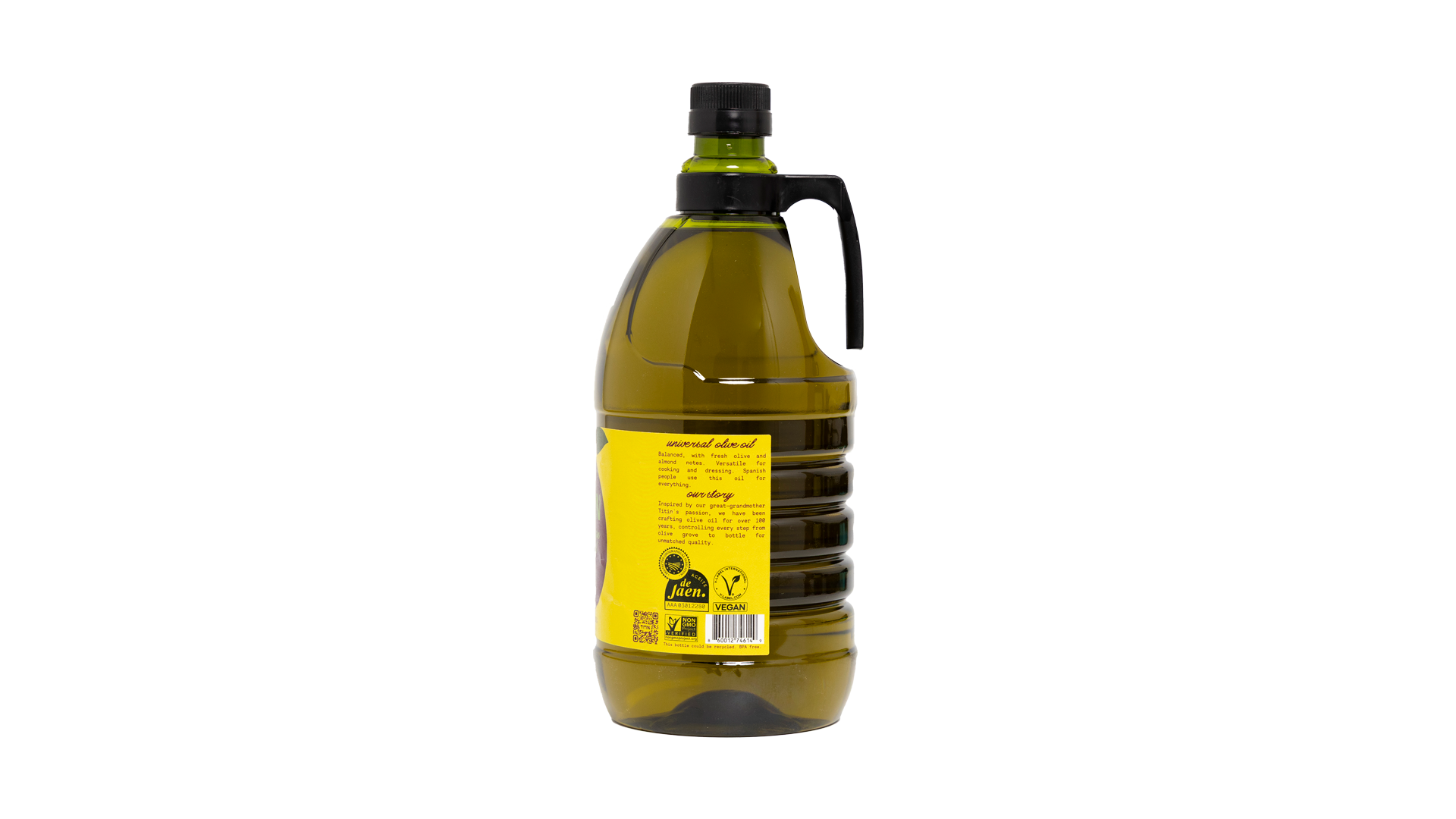 Detailed view of the Universal Picual Everyday EVOO 2L gallon label, showcasing our company's unique narrative and important certifications for product quality and origin.